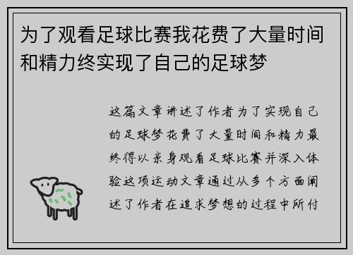 为了观看足球比赛我花费了大量时间和精力终实现了自己的足球梦