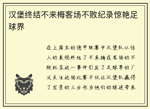 汉堡终结不来梅客场不败纪录惊艳足球界