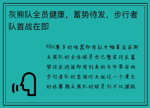 灰熊队全员健康，蓄势待发，步行者队首战在即