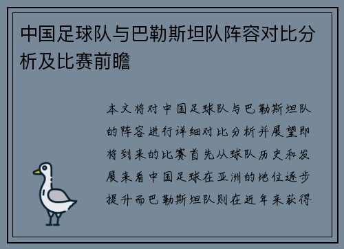 中国足球队与巴勒斯坦队阵容对比分析及比赛前瞻