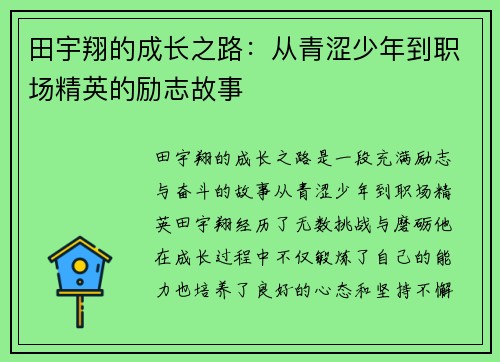 田宇翔的成长之路：从青涩少年到职场精英的励志故事