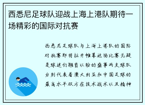 西悉尼足球队迎战上海上港队期待一场精彩的国际对抗赛