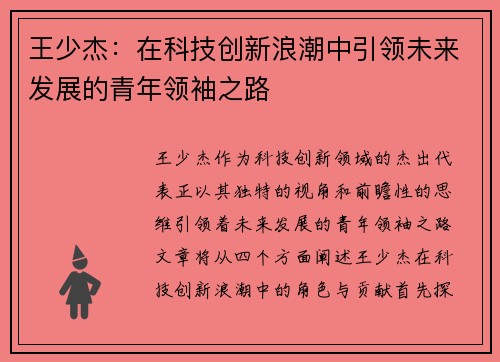 王少杰：在科技创新浪潮中引领未来发展的青年领袖之路