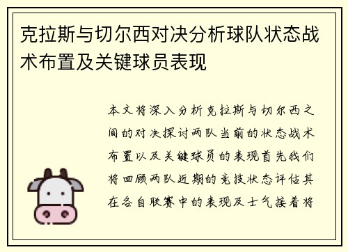 克拉斯与切尔西对决分析球队状态战术布置及关键球员表现