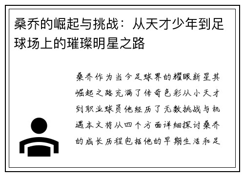 桑乔的崛起与挑战：从天才少年到足球场上的璀璨明星之路