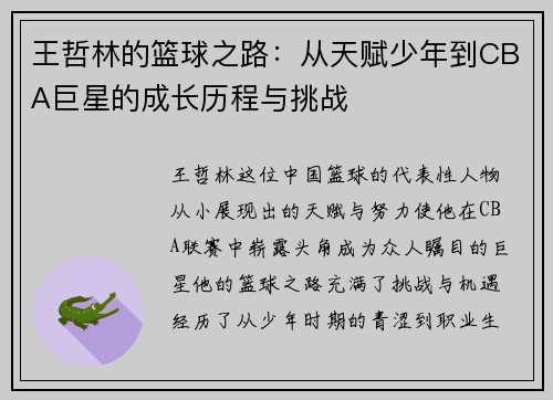 王哲林的篮球之路：从天赋少年到CBA巨星的成长历程与挑战