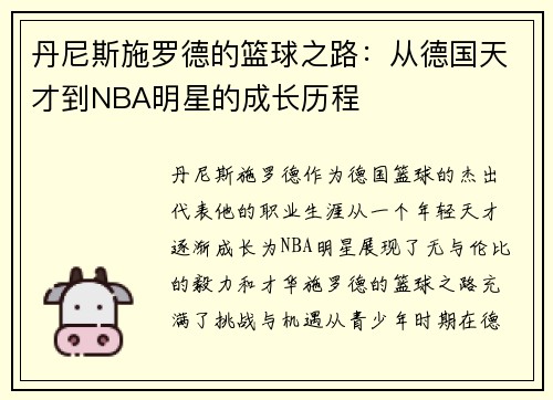 丹尼斯施罗德的篮球之路：从德国天才到NBA明星的成长历程