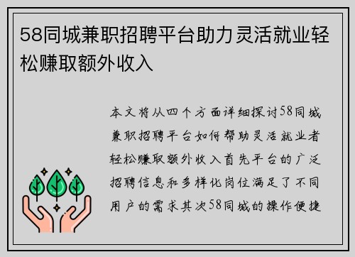 58同城兼职招聘平台助力灵活就业轻松赚取额外收入