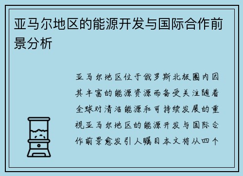 亚马尔地区的能源开发与国际合作前景分析