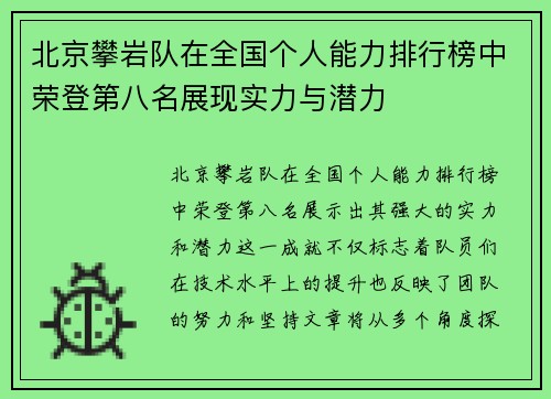 北京攀岩队在全国个人能力排行榜中荣登第八名展现实力与潜力